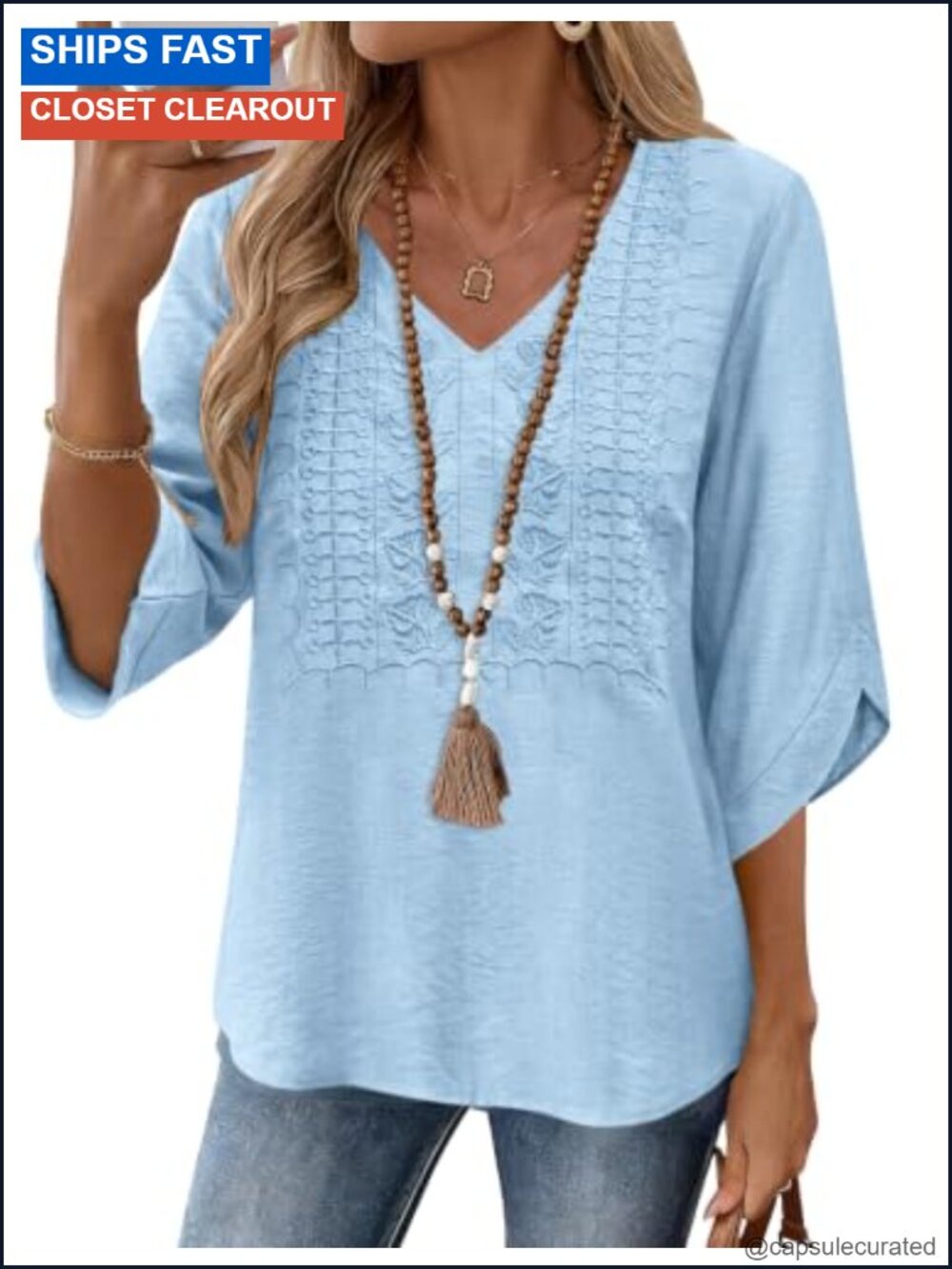Womens Boho 3/4 Bell Sleeve V-Neck Tunic Blouse Embroidered Linen Feel